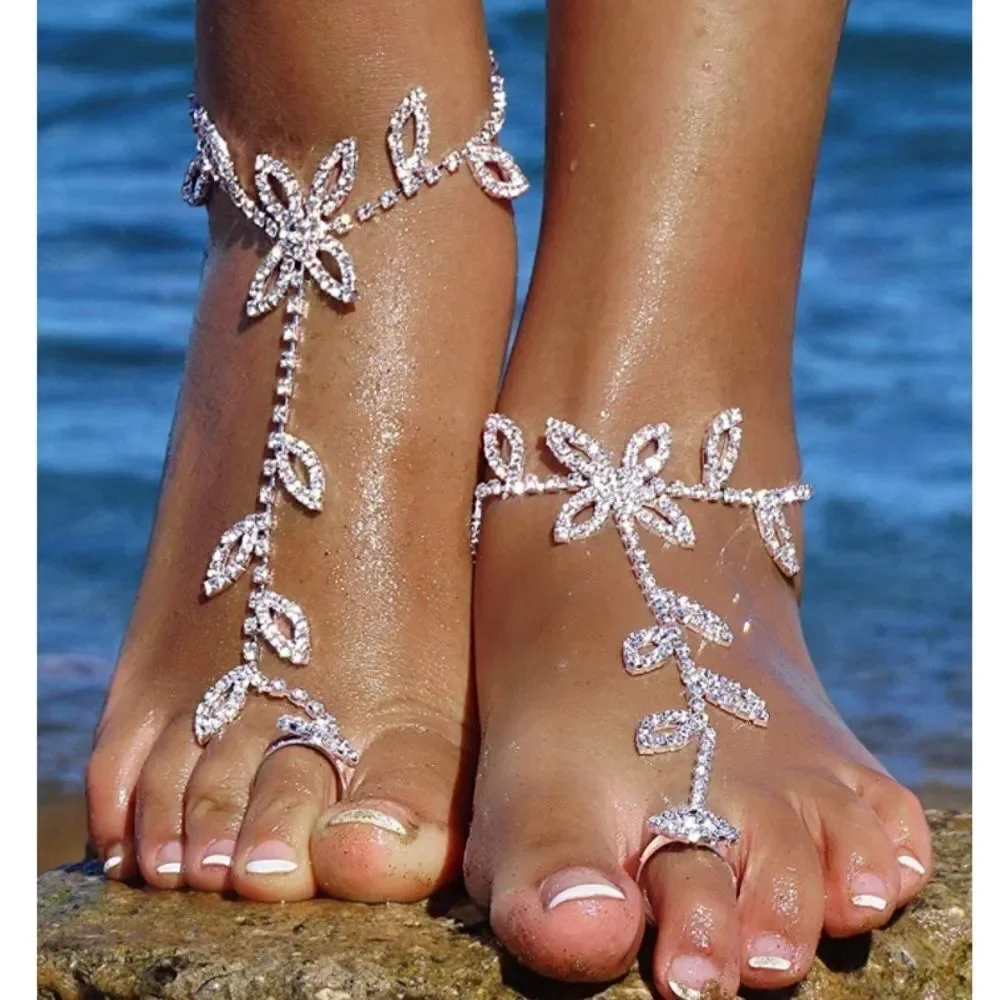 Silver and White Diamond Austrian Crystal Leaf Anklet Foot Chains - Set of 2